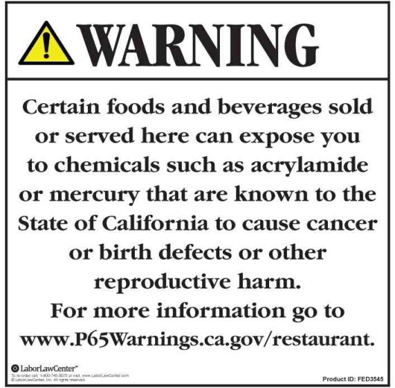 Proposition 65 - Food and Non-Alcoholic Beverage Exposure Warnings for Restaurants
