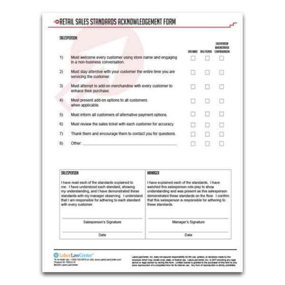 Retail Sales Standards Acknowledgement Form