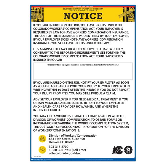 Colorado Notice to Employer of Injury (Unlaminated)