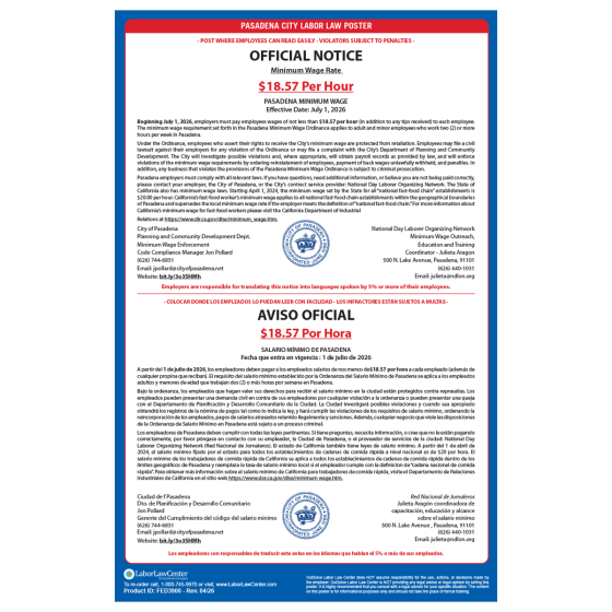 Pasadena, CA City Labor Law Poster