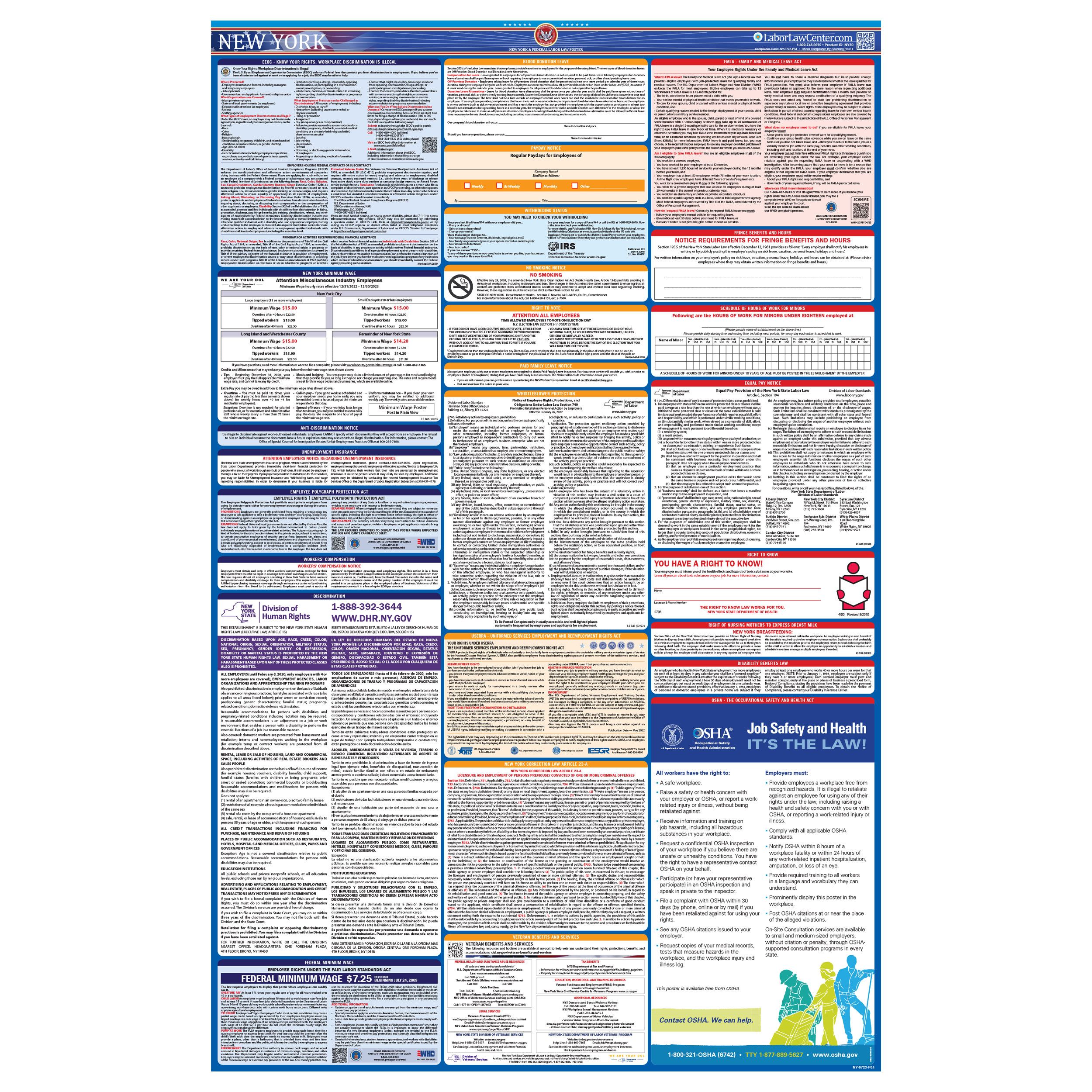 2024 New York Labor Law Poster State, Federal, OSHA in One Single  Laminated Poster